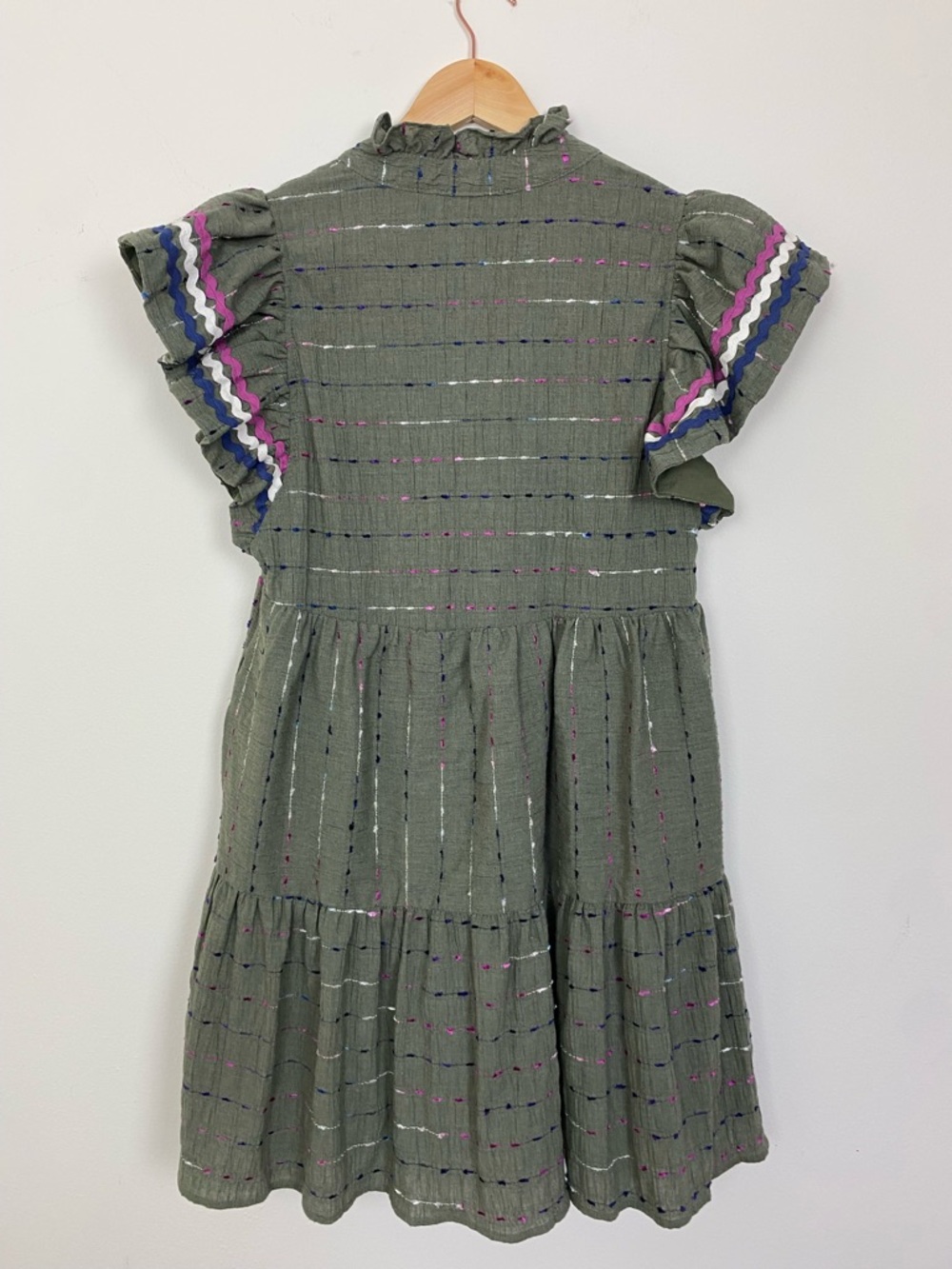 Entro Olive Textured Min Dress With Multi Color Ric Rac Trim Sz S - Picture 7 of 13